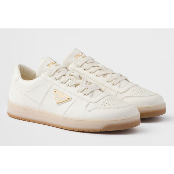 Prada Downtown Ivory Nappa Leather Gold Logo Flat Low Top Trainer Sneaker 41 - Picture 3 of 16